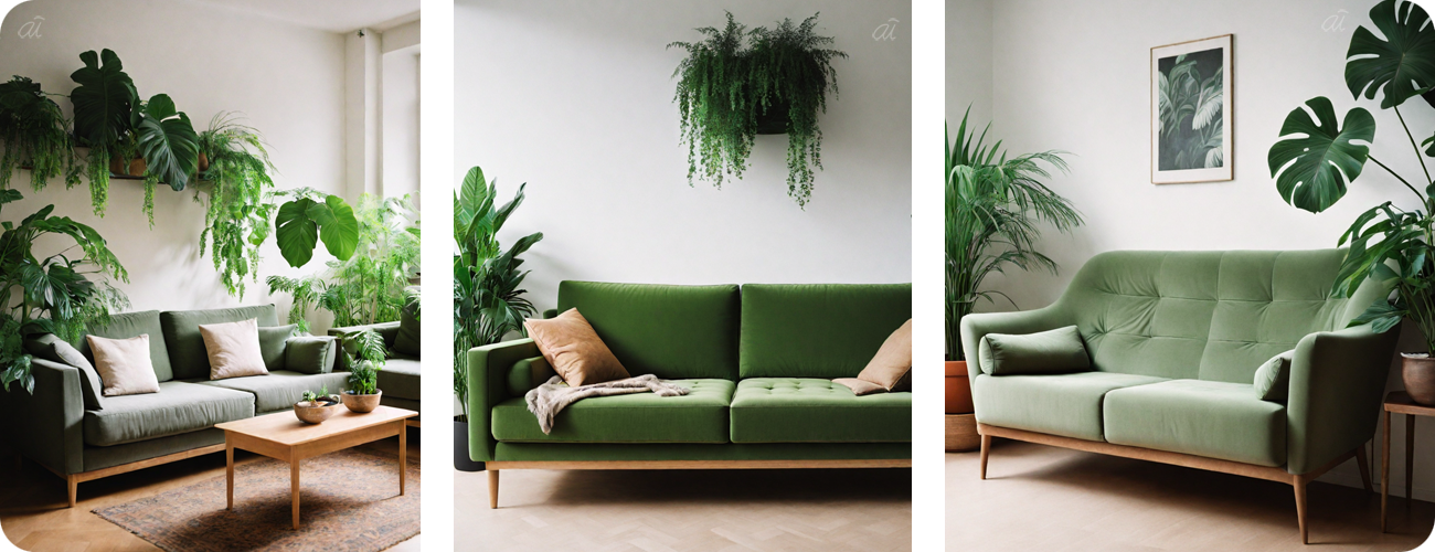Ein Hingucker im Wohnzimmer: Das knallgrüne Sofa, umgeben von Pflanzen