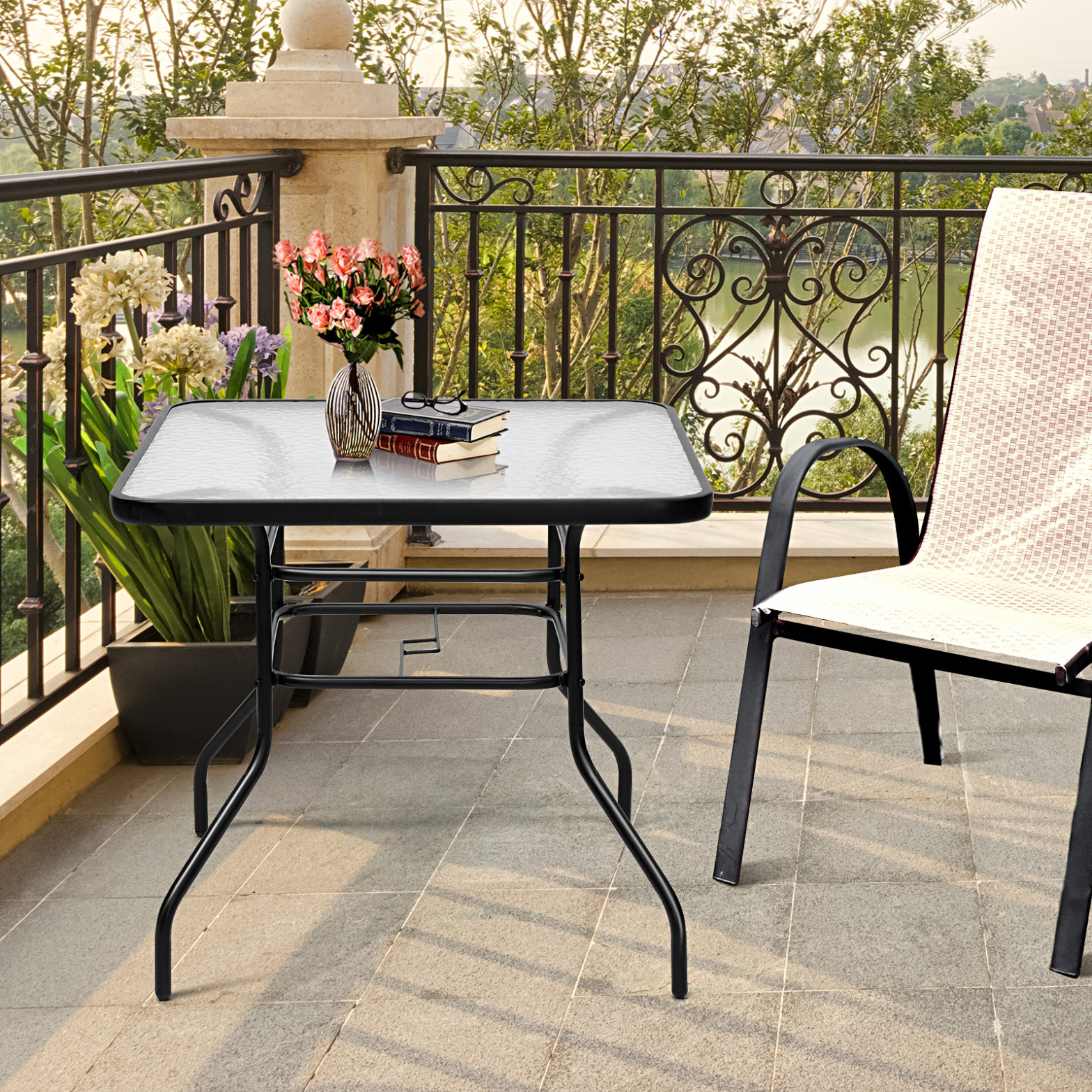 Terrassentisch Rechteckiger Kaffeetisch mit Tischplatte Bistrotisch Gartentisch Glastisch Schwarz