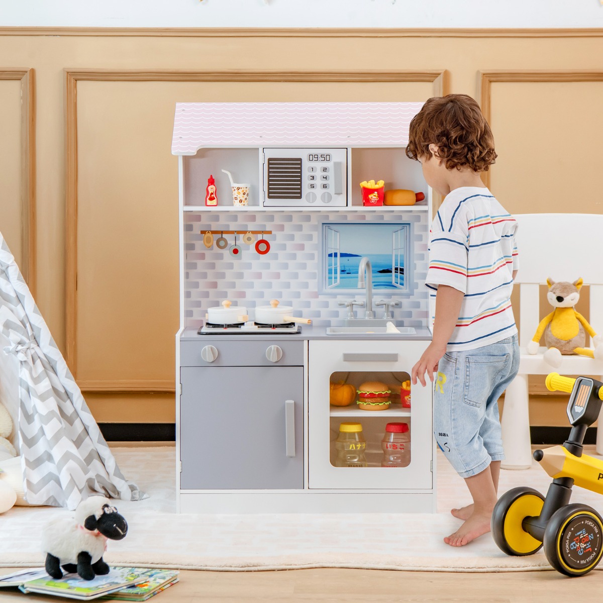 2-in-1-Kinderküchen-Spielset und Puppenhaus aus Holz mit realistischem Sound und Licht