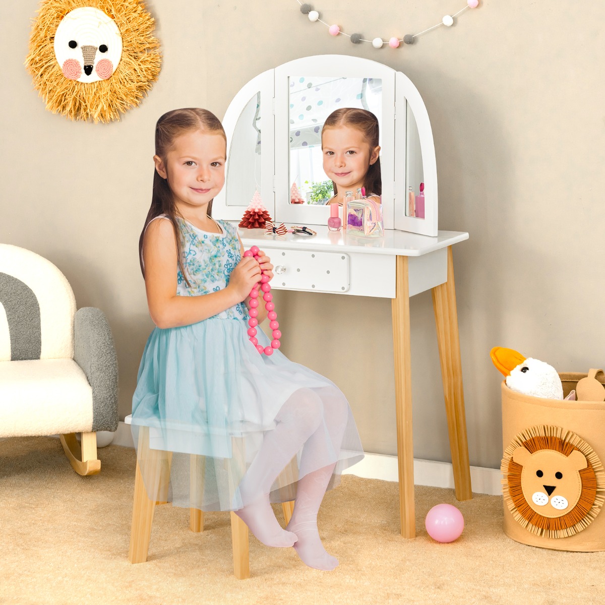 Schminktisch & Hocker aus Holz für Kinder mit klappbarem Spiegel 60 x 30 x 95 cm Weiß + Natur