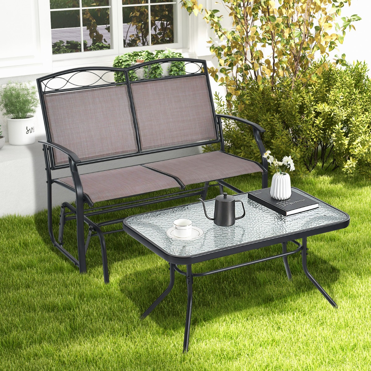 2-Sitzer Schaukelbank mit Couchtisch Balkonmöbel-Set Gartenbank aus Textilene