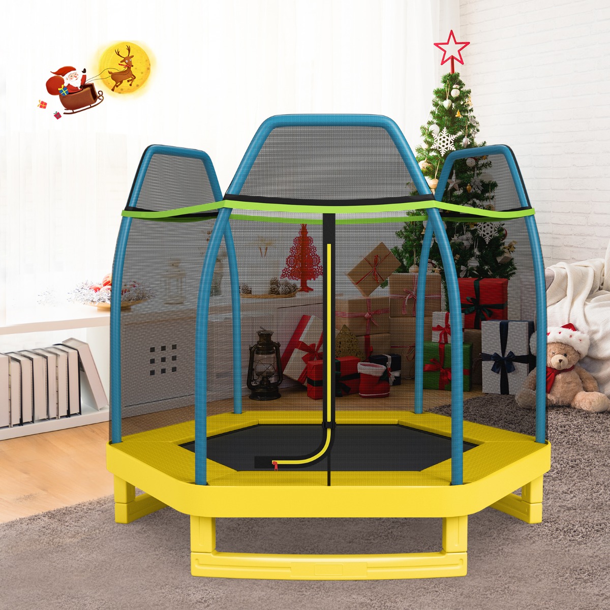 Mini Trampolin bis 150 kg mit Sicherheitsnetz und Federkissen 223 x 223 x 186 cm Grün