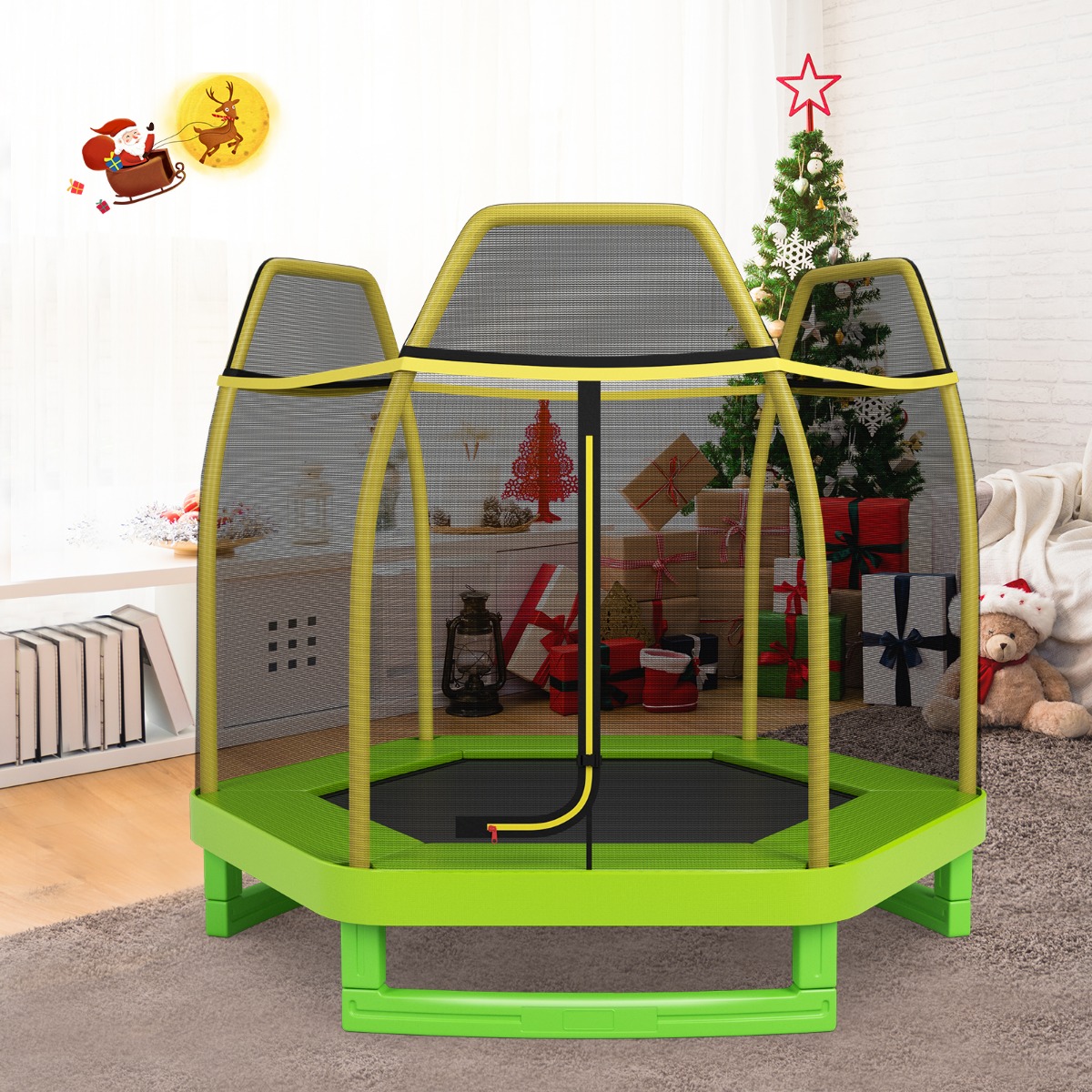 Trampolin bis 150 kg für Kinder mit Sicherheitsnetz und Federkissen 223 x 223 x 186 cm Gelb