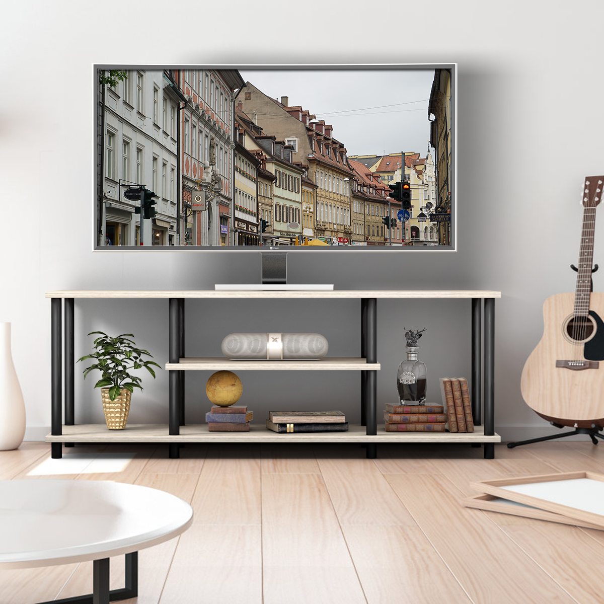 3-Stöckiger TV Ständer mit Massivem Metallrahmen und Offenen Spanplattenregalen Grau