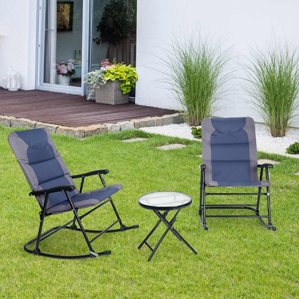 3-teiliges klappbares Bistro-Set Outdoor-Schaukelstühle mit Tisch  Blau + Grau