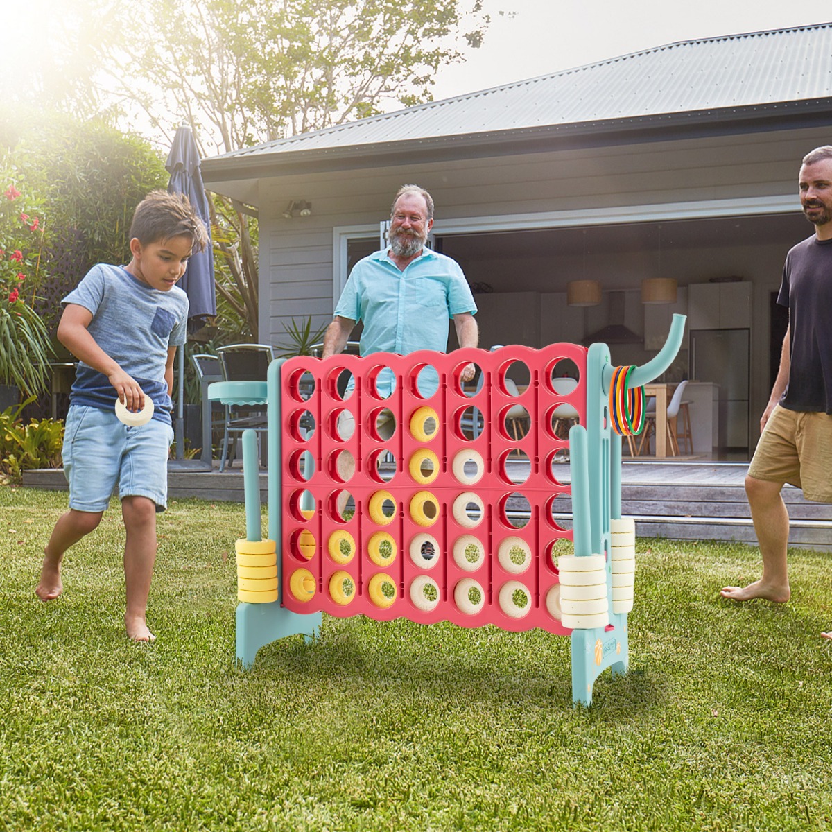 Riesiges 4-Gewinnt-Spiel erweitertes 4-Gewinnt-Spielset mit Basketballkorb und Wurfring Hellblau