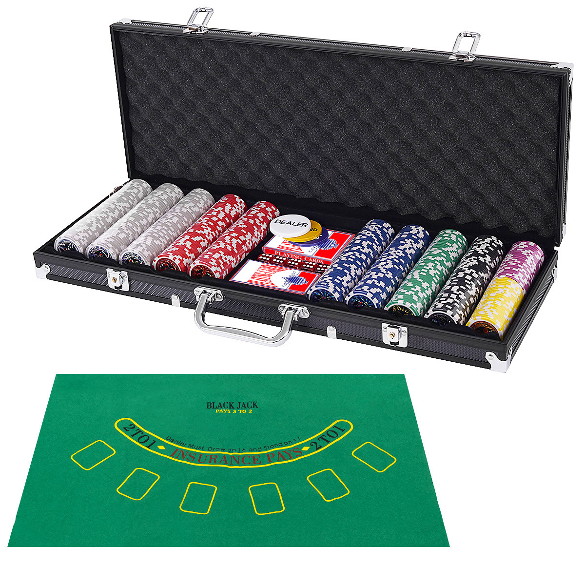 500-teiliges Casino Pokerset mit Chips & Spielkarten & Würfel & Händler-Chips & Tischtuch Schwarz