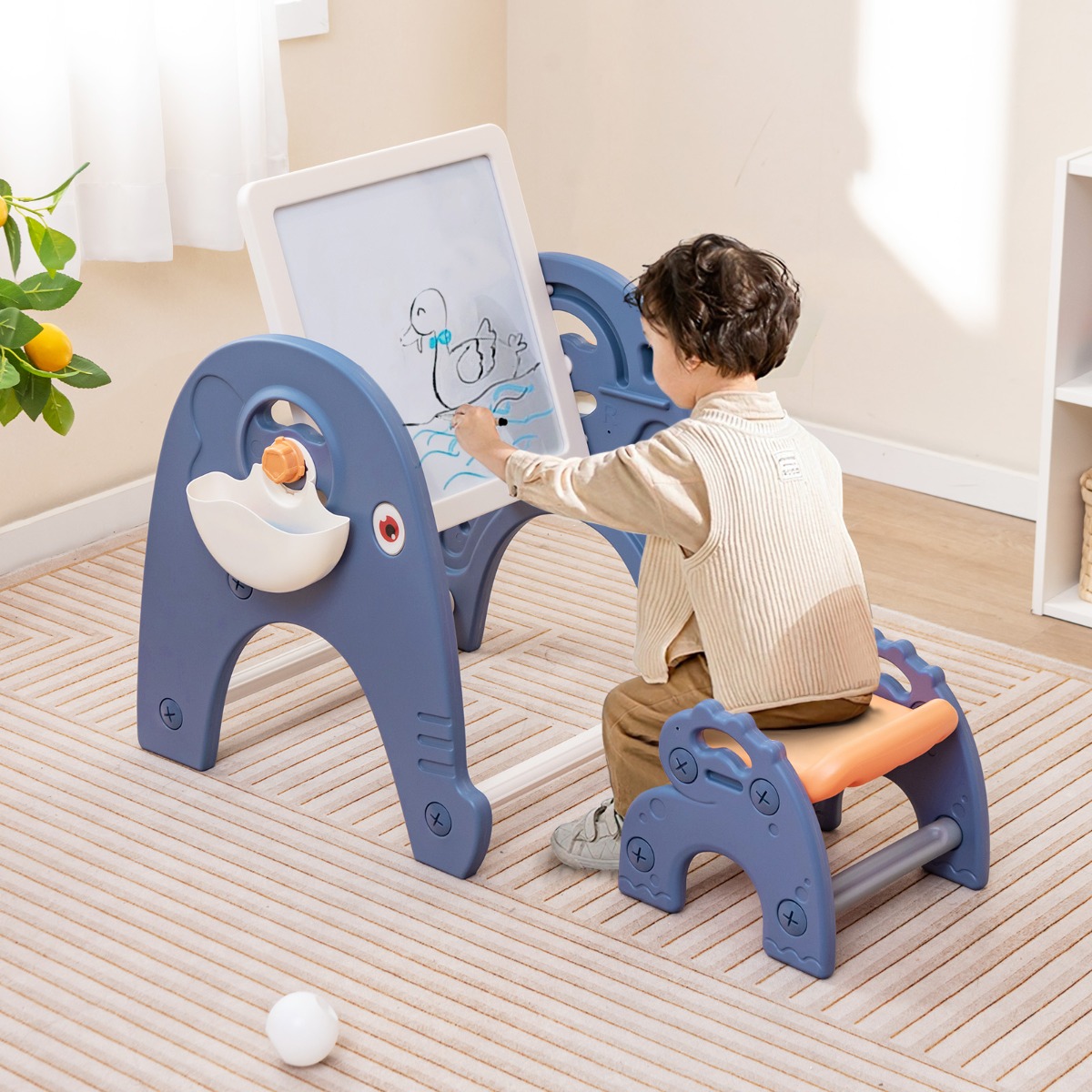 6 in 1 Kindertisch mit Stuhl & Doppelseitiger Abnehmbarer Tischplatte & 66 Bausteine Spieltisch