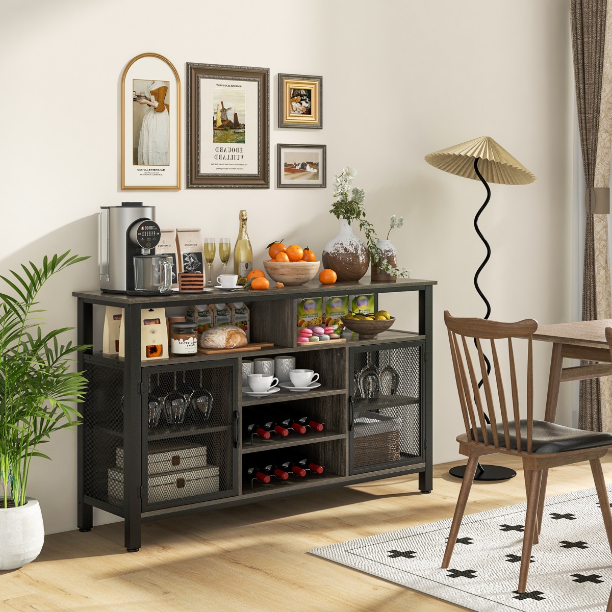 Sideboard mit 2 Metallgittertüren & Offenen Fächern & Weinregalen & Weinglashaltern Grau