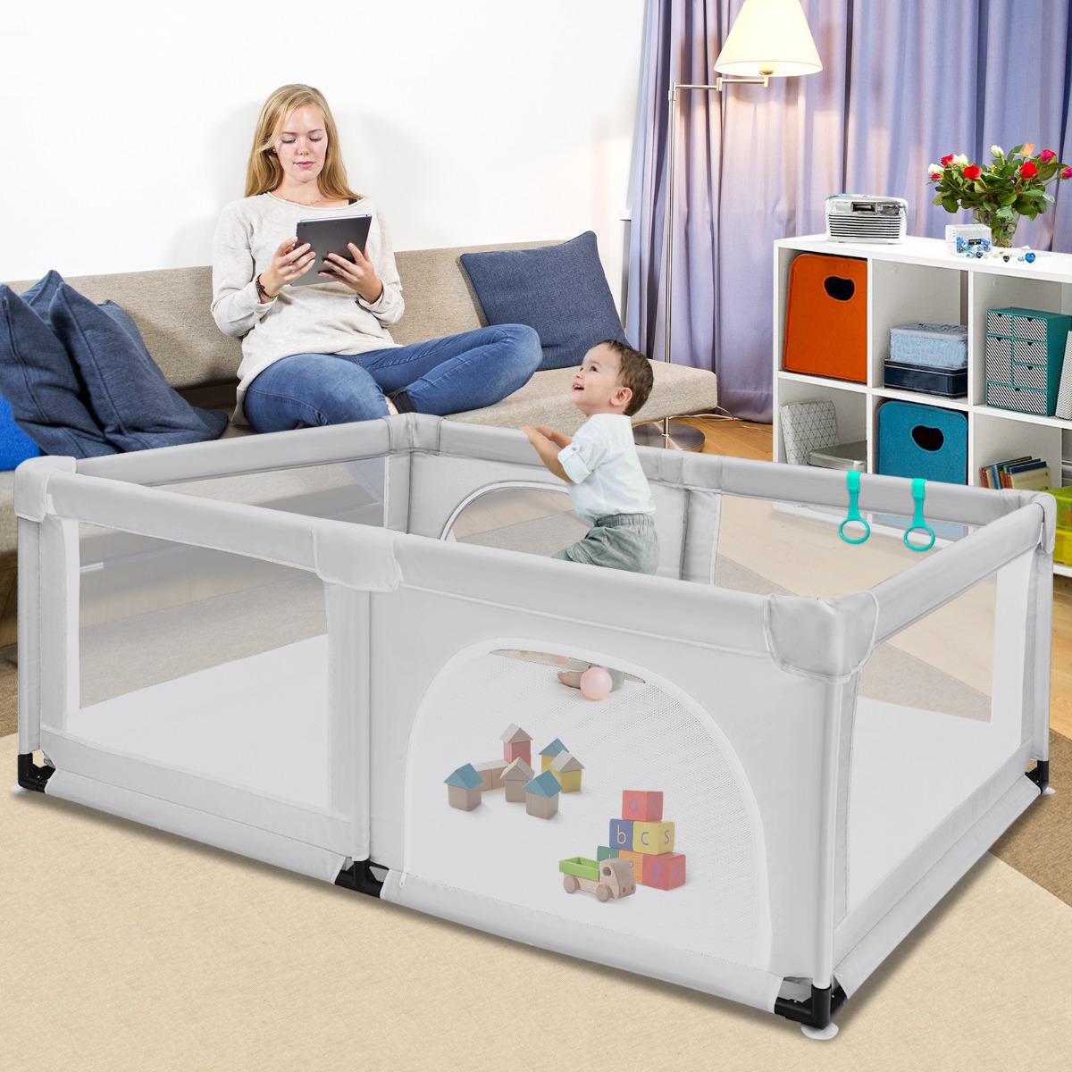 Baby Laufstall mit 50 Spielbällen Laufgitter mit Netz und Reißverschluss 120 x 190 cm Grau