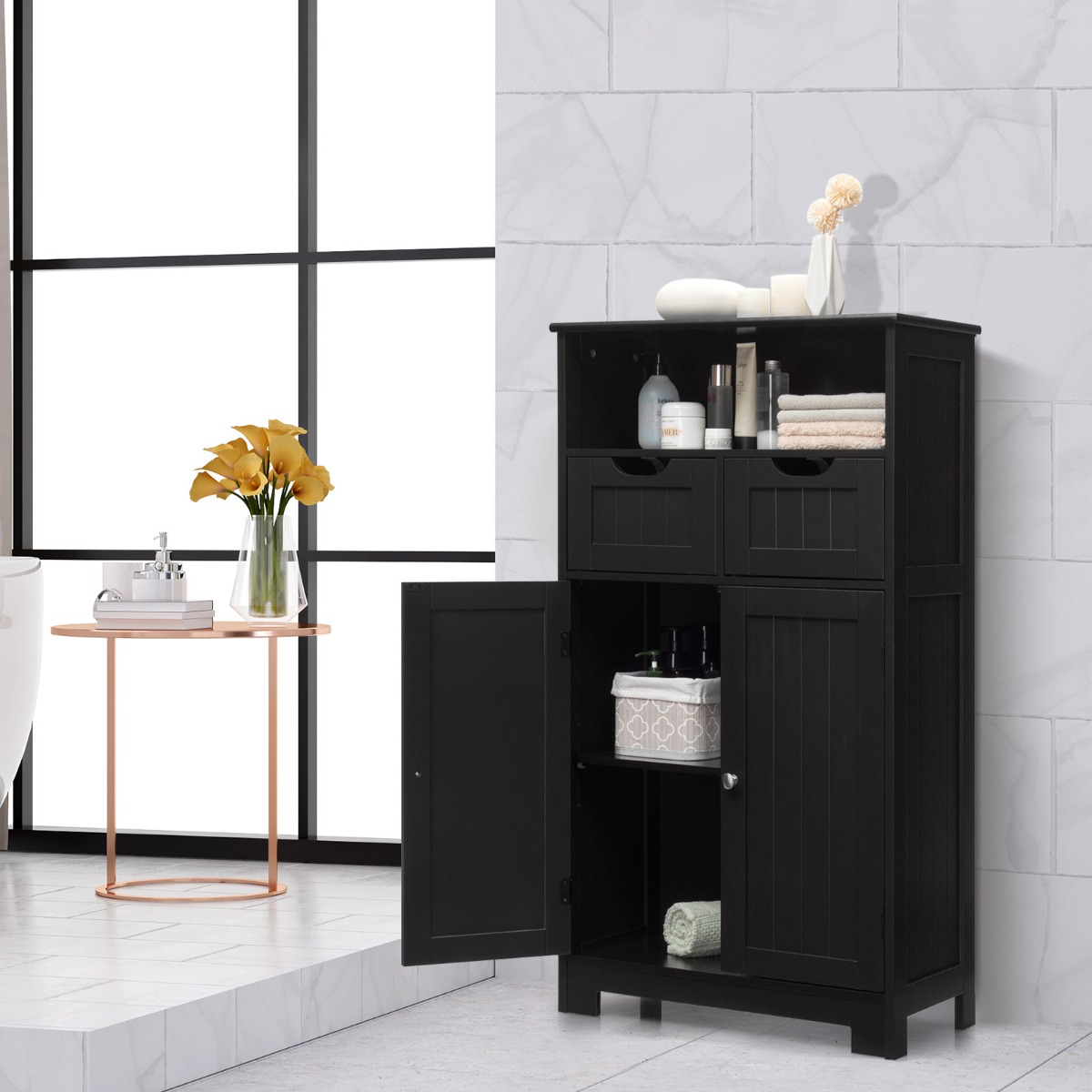 Badezimmerschrank mit höhenverstellbarer Ablage Badschrank 60 x 30 x 109 cm Schwarz