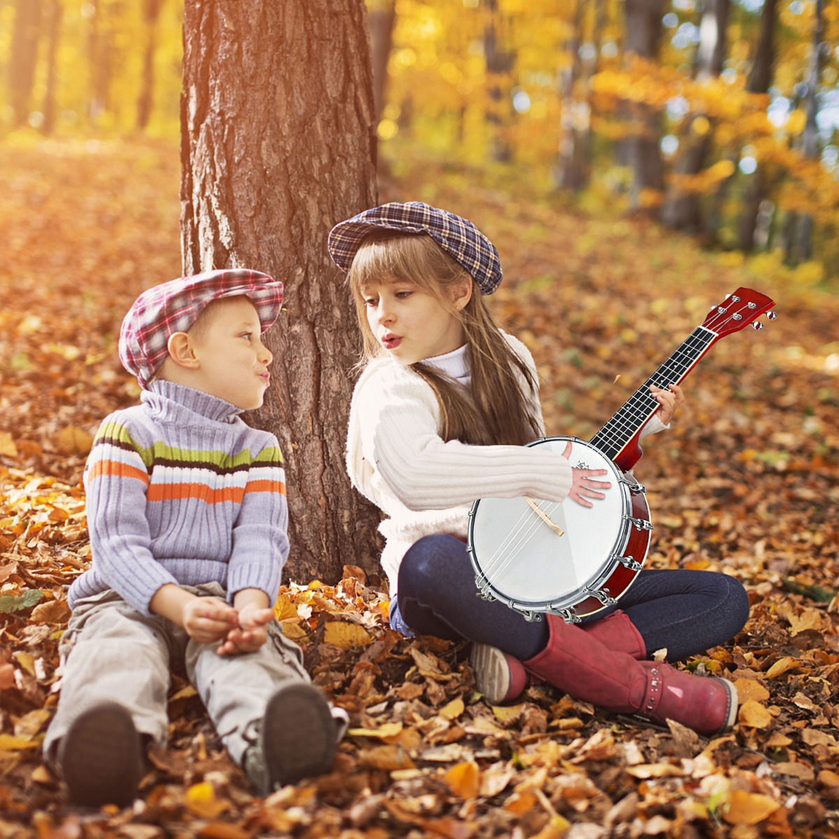 4 Saiten Banjo 24 Zoll mit Reinigungstuch Stimmgerät Gurt Saiten Tasche Reise Banjolele Set für Kinder & Anfänger