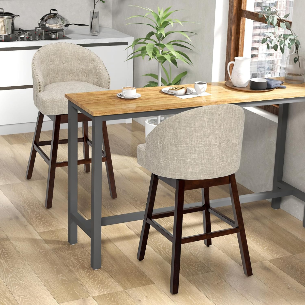 Barhocker 2er Set Barstuhl 360° drehbar Küchenhocker mit Lehne und Fußstütze 55 x 53 x 105 cm Beige + Braun