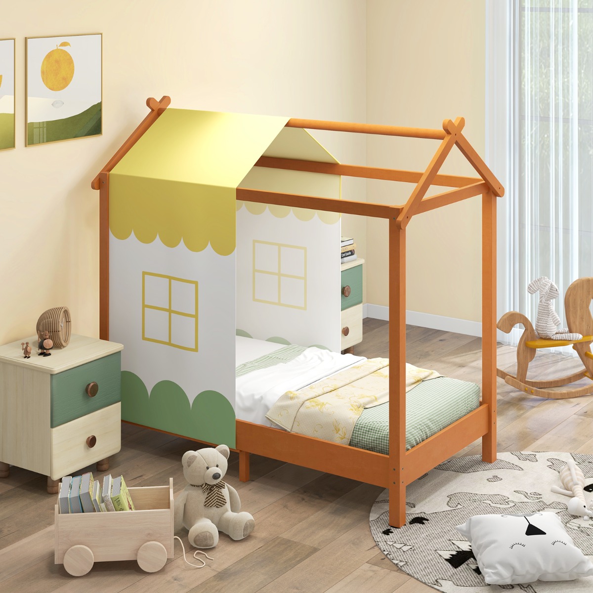 Kinderhaus-Bett mit Dach & Abnehmbarem Betthimmel & 12 Massivholzlatten Bodenbett Rahmen