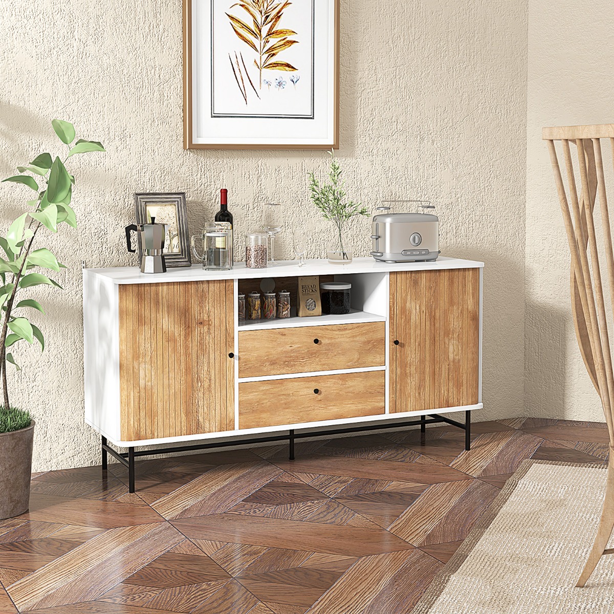 Modernes Buffet-Sideboard Kaffeebar im Mid-Century-Stil mit Schiebetüren 150 x 45 x 74 cm Weiß + Eiche