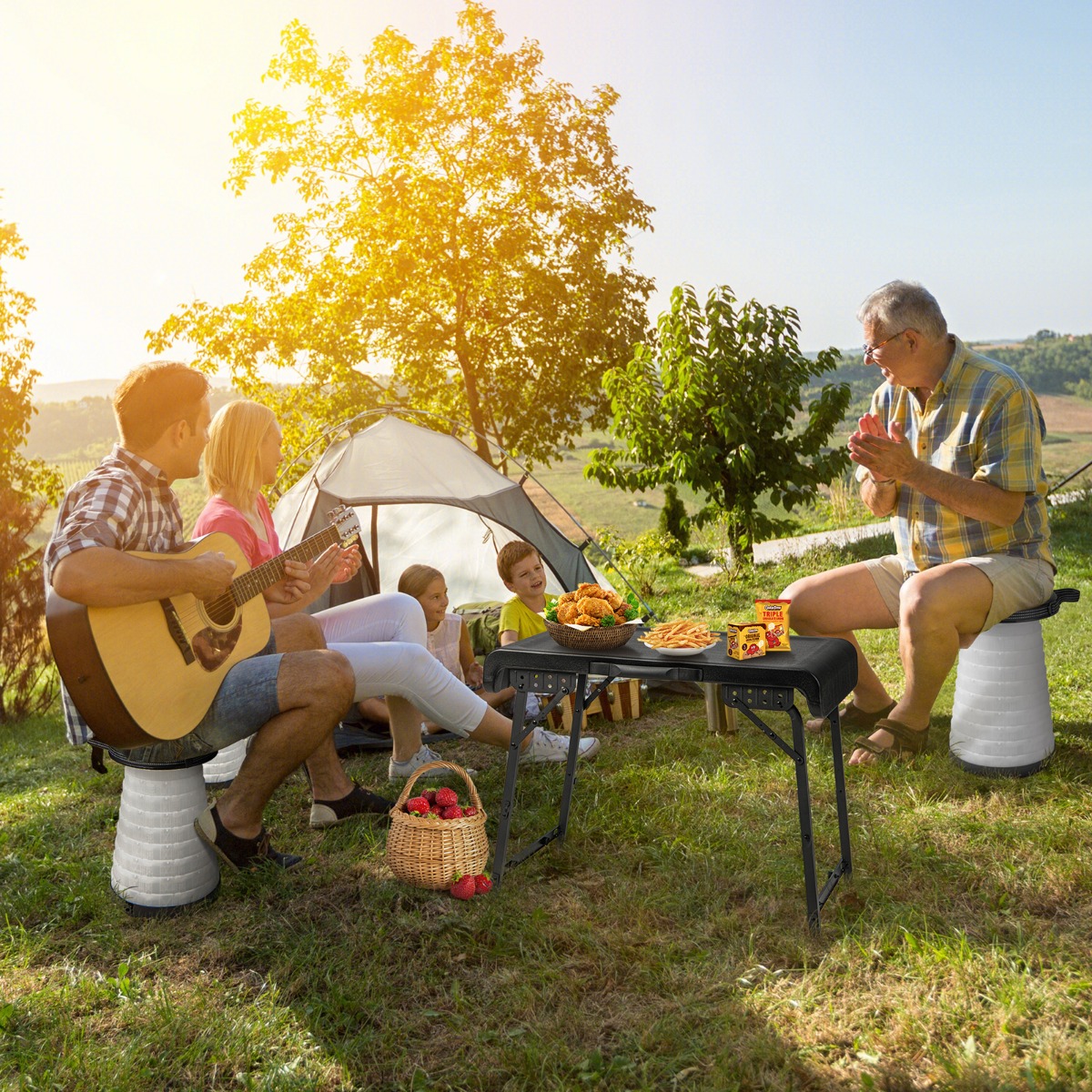 Tragbarer Klapptisch mit 2 LED Teleskophockern Campingtisch & höhenverstellbarer Hocker bis 200 kg belastbar