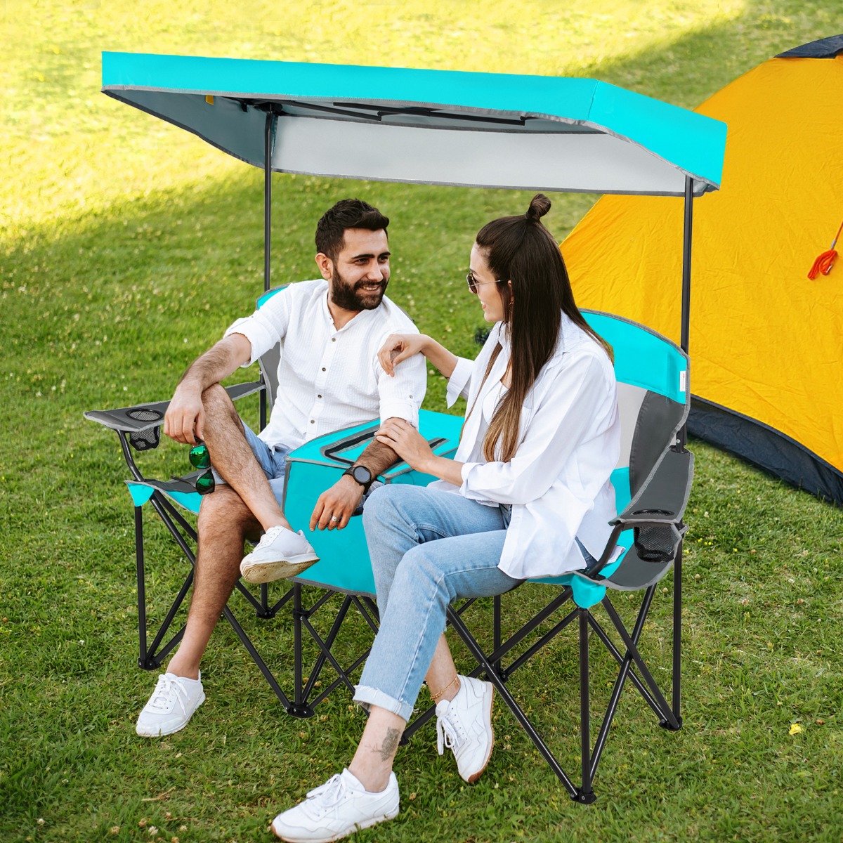 2-Sitzer Campingstuhl mit Sonnenschutz Mini-Tisch klappbarer Angelstuhl mit Tragetasche 166 x 71 x 151 cm Navy