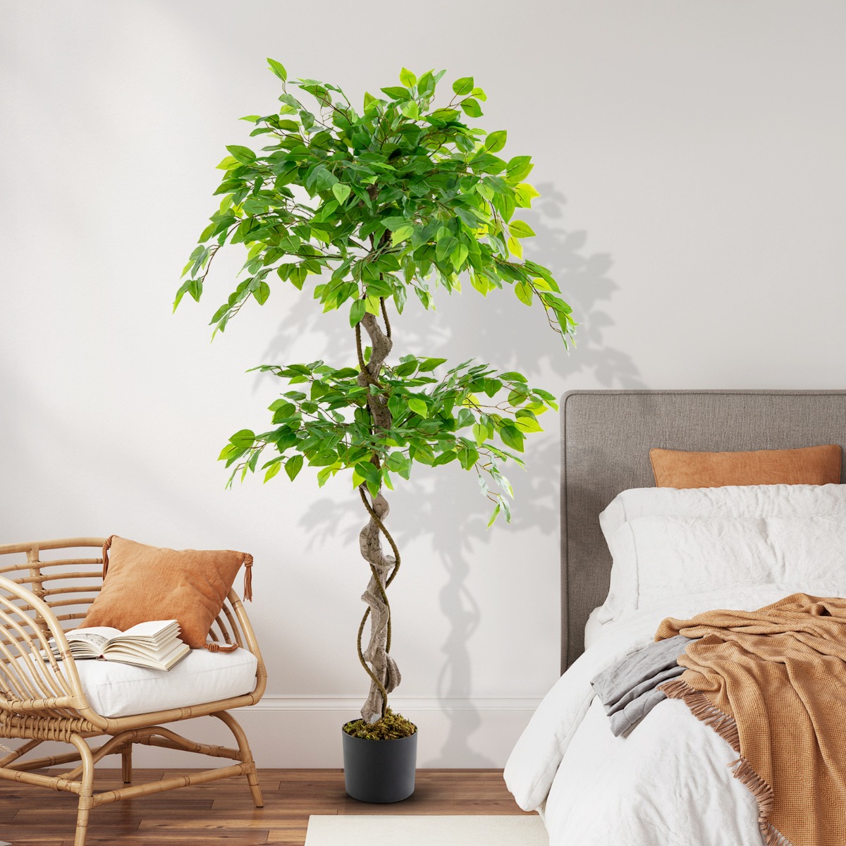 150 cm Kunstpflanze Ficus Benjamin mit Natürlichem Holzstamm & Blättern Künstliche Pflanze Grün