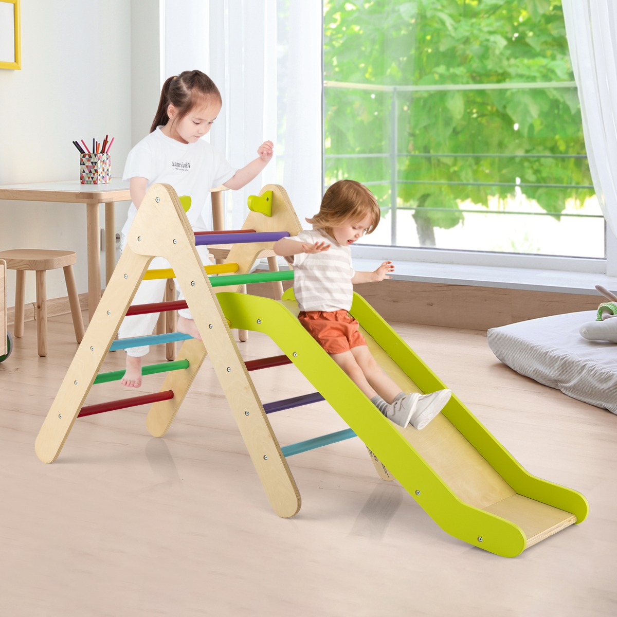 Kletterspielzeug 2-in-1-Dreiecks-Kletterset mit Höhenverstellbarer Rutsche 86,5 x 48 x 73,5 cm Bunt