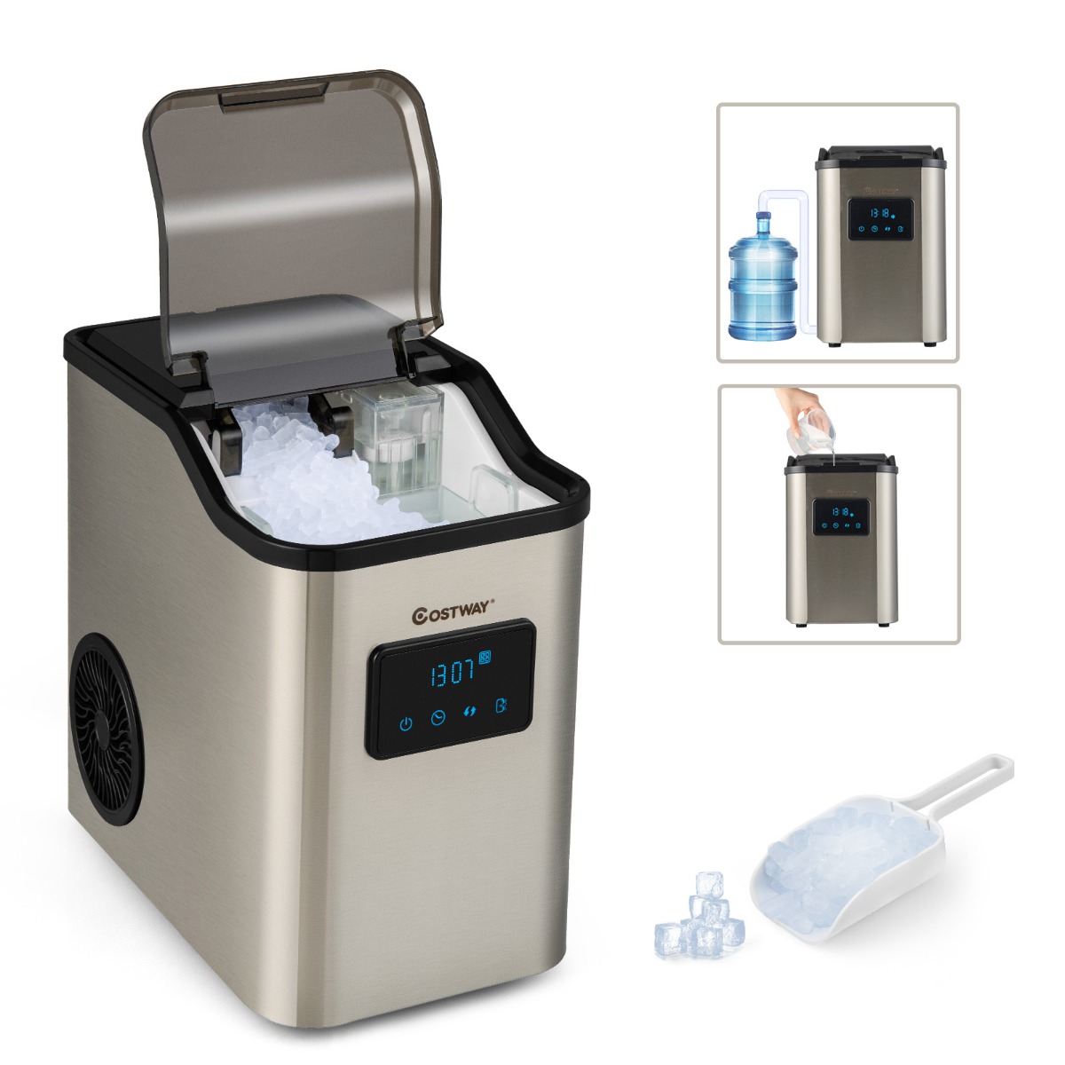 Eiswürfelmaschine 24kg pro Tag Crushed Ice Maker Eismaschine Eiswürfelbereiter inkl Schaufel Timer 2,5L Wassertank