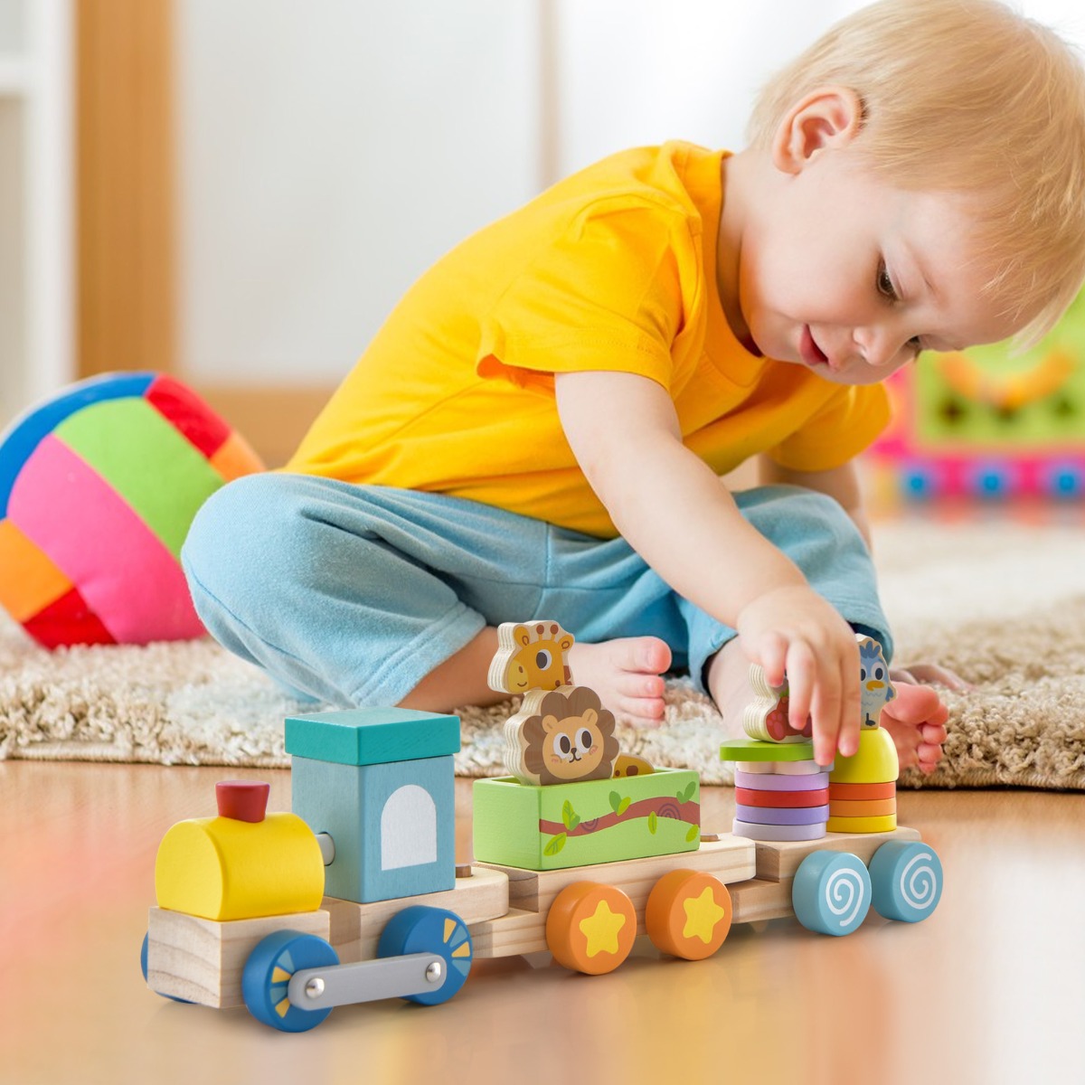 Stapelbares Zug-Set aus Holz mit bunten Tierfiguren & lustigen Holzwaggons für Jungen & Mädchen ab 3 Jahren