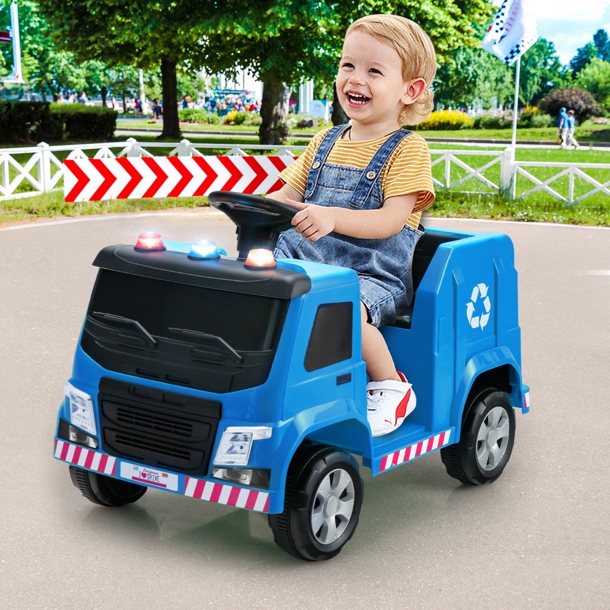 12V Kinder Aufsitz Müllwagen mit Musik & Hupen & Licht & Fernbedienung Blau