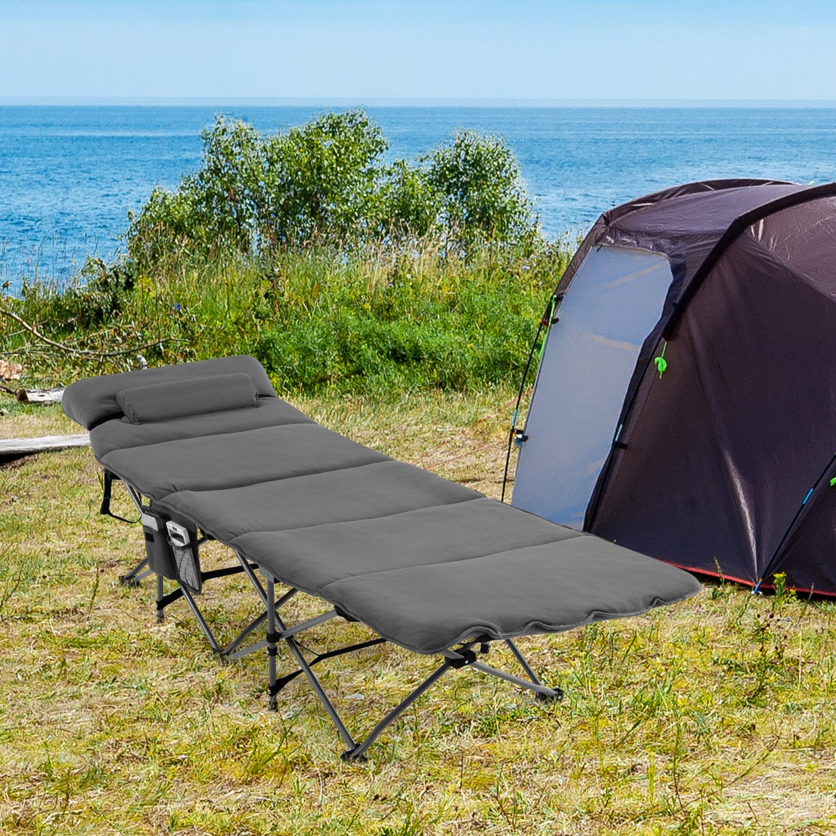 Feldbett Klappbar Campingbett mit Matratze 185 cm x 65 cm x 41–53 cm Grau