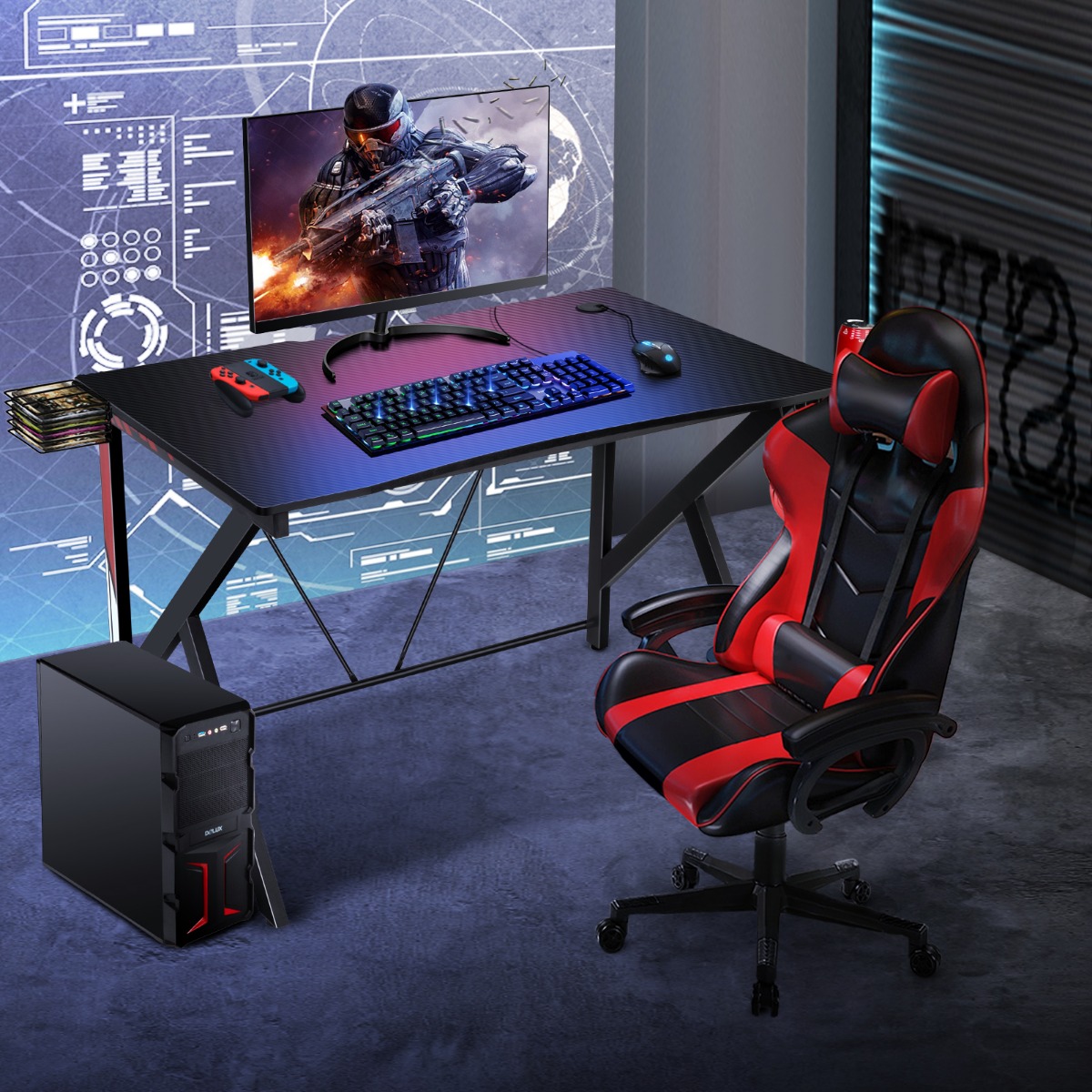 Gaming-Schreibtisch Ergonomischer K-förmiger Computer-Schreibtisch mit Videoablage Schwarz