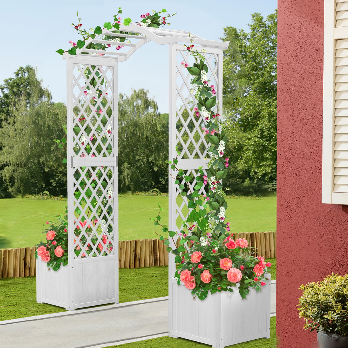 Rosenbogen Holz 2 in 1 Torbogen mit Blumenkasten Garten Pergola modern 183 x 42 x 200 cm Weiß