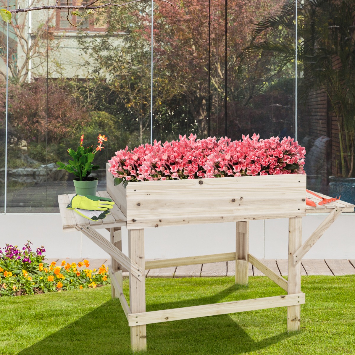 Hochbeet mit 2 Seitenablage Pflanzkübel Holz Pflanzkasten Blumenbeet Kräuterbeet Pflanztrog Natur