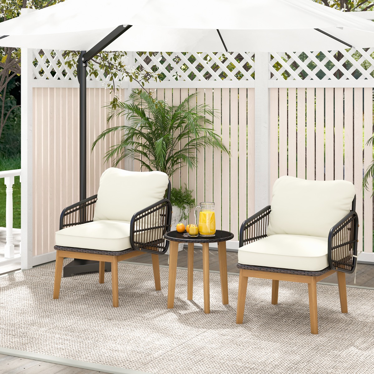 3-teiliges Rattan Terrassenmöbel Set Garten Sitzgarnitur 2 Korbstühle & Glas Beistelltisch & Kissen