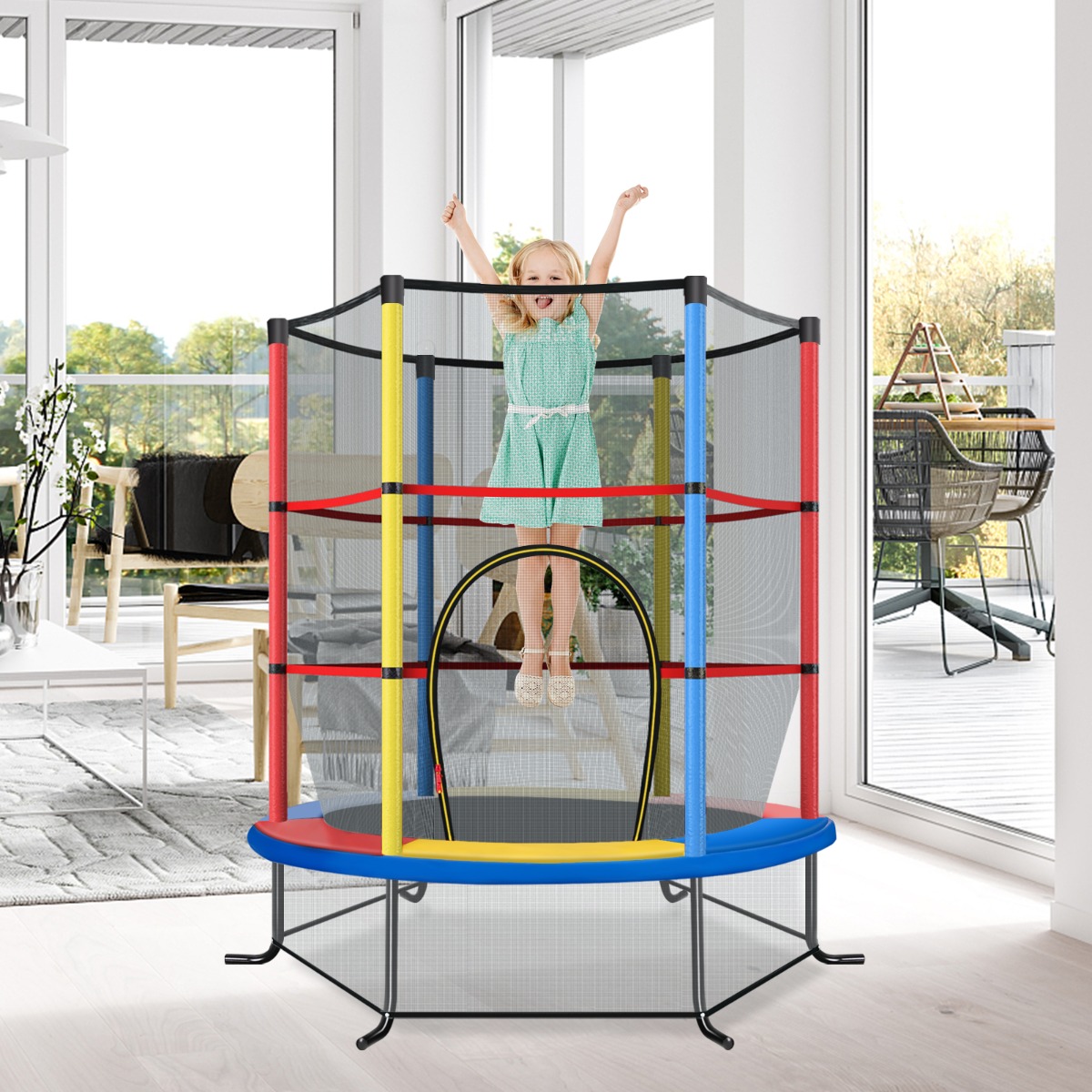 Ø140cm Gartentrampolin mit Sicherheitsnetz Trampolin bis 135KG belastbar für Kinder ab 3 Jahre Bunt