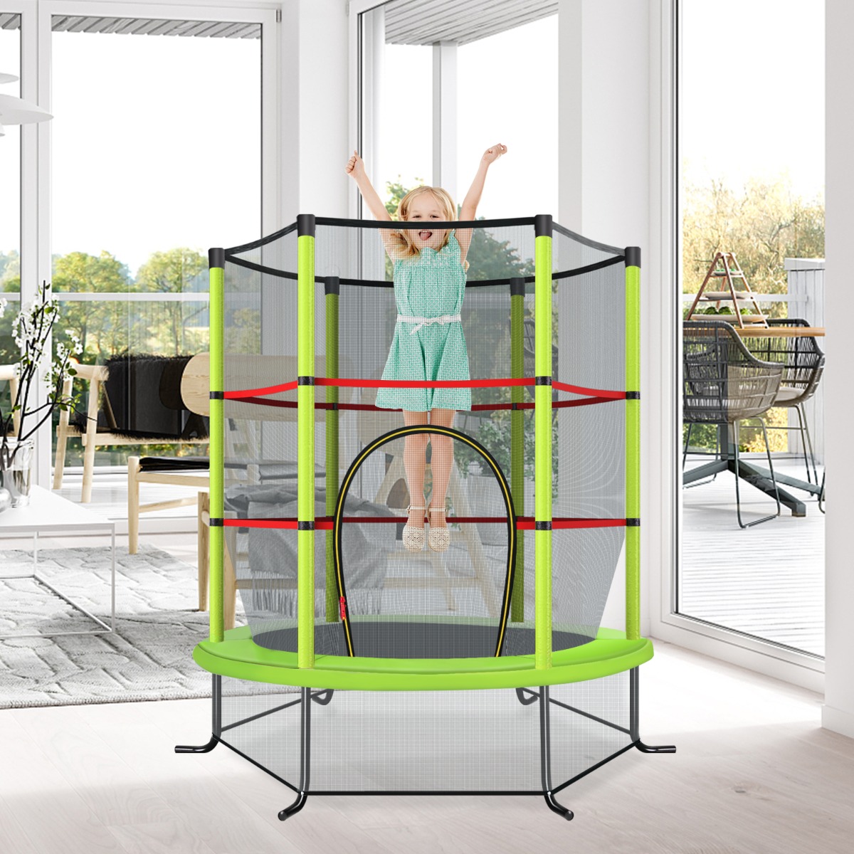 Ø140cm Gartentrampolin mit Sicherheitsnetz Trampolin bis 135KG belastbar für Kinder ab 3 Jahre Grün