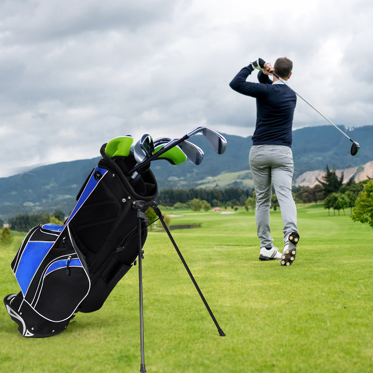 Golfwagentasche mit Ständer und Regenschirmhalter 87 x 82 x 87 cm Schwarz+Blau