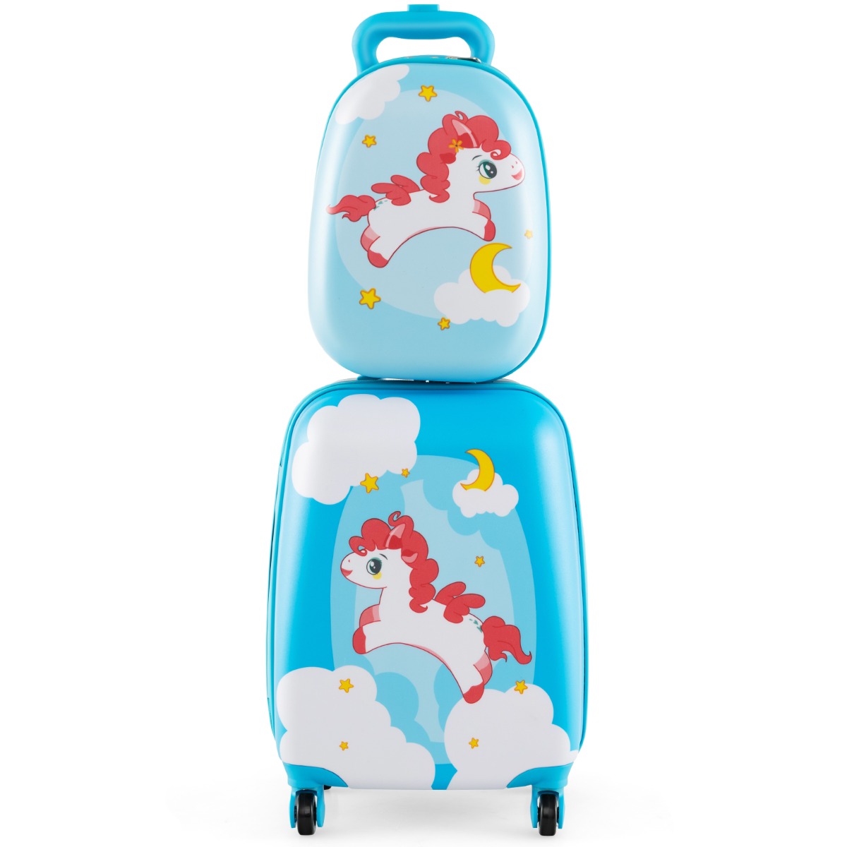 2tlg Kinderkoffer + Rucksack aus Kunststoff Kindertrolley Kindergepäck 12″+16″ Blau Pferd