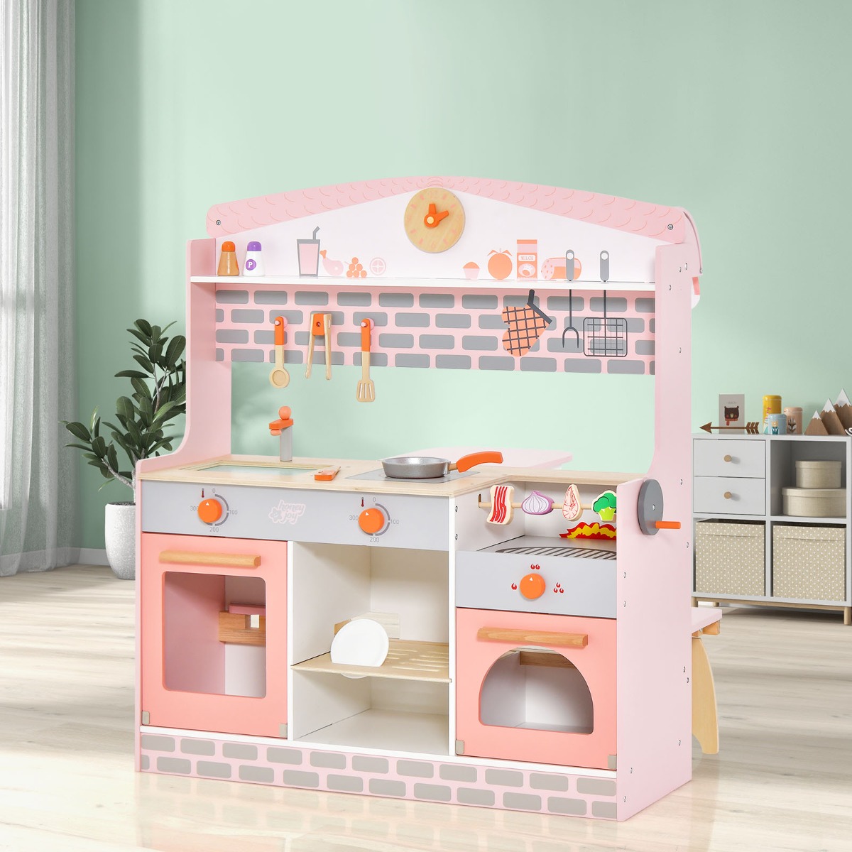 2 in 1 Kinderküche mit Herd & Backofen & Grill & Verstellbarem Baldachin Doppelseitige Spielküche