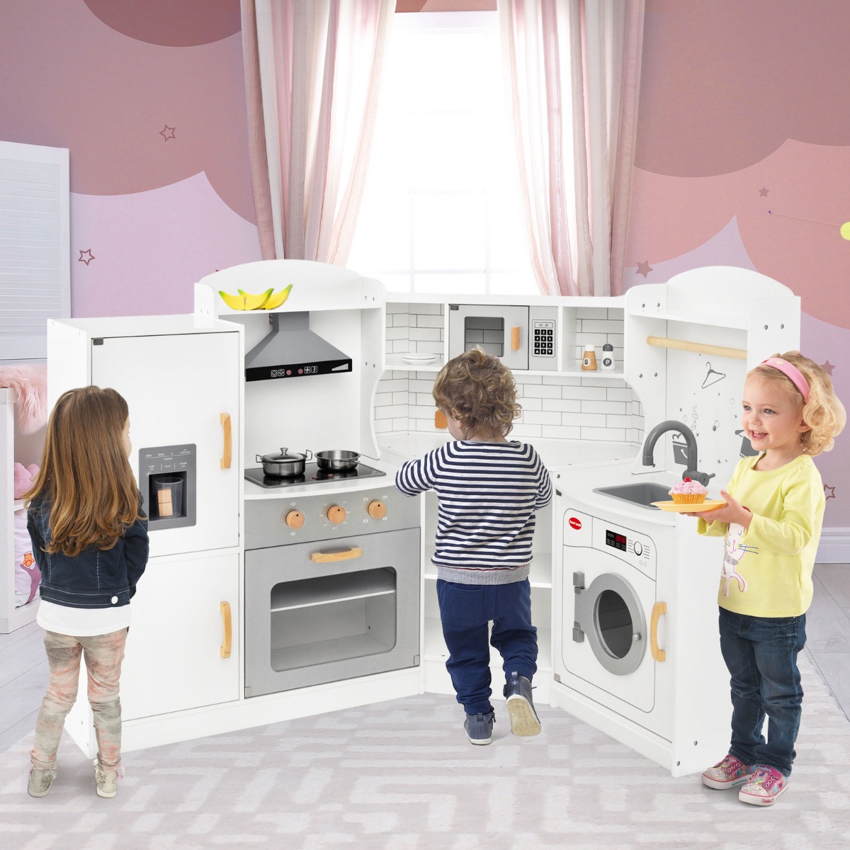 Eck Spielküche mit Licht & Sound & Spüle & Eismaschine & Backofen & Kinderküche Weiß