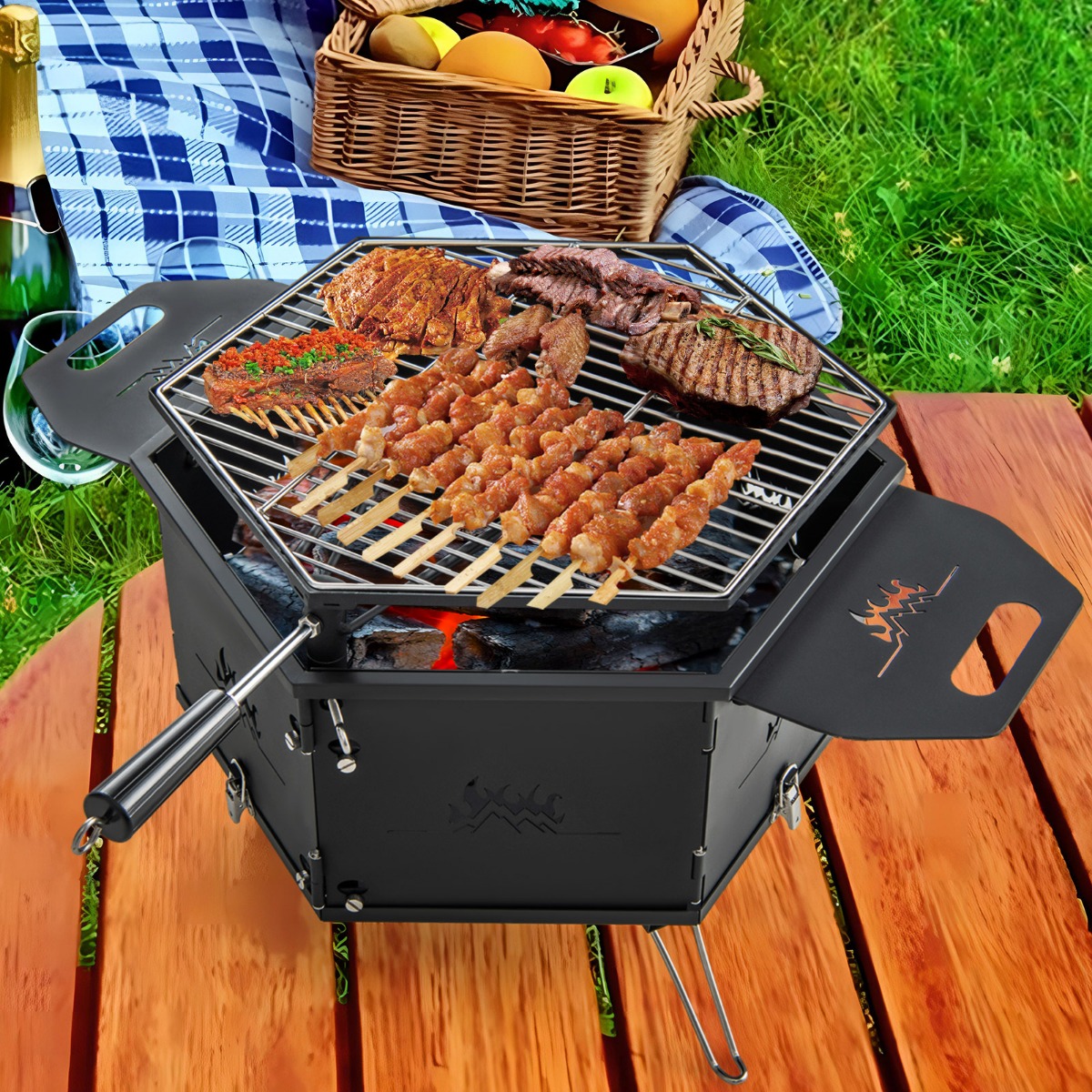 Holzkohlegrill mit 360° drehbarem Grill Klappgrill Campinggrill mit Griffen 77 x 74 x 38 cm