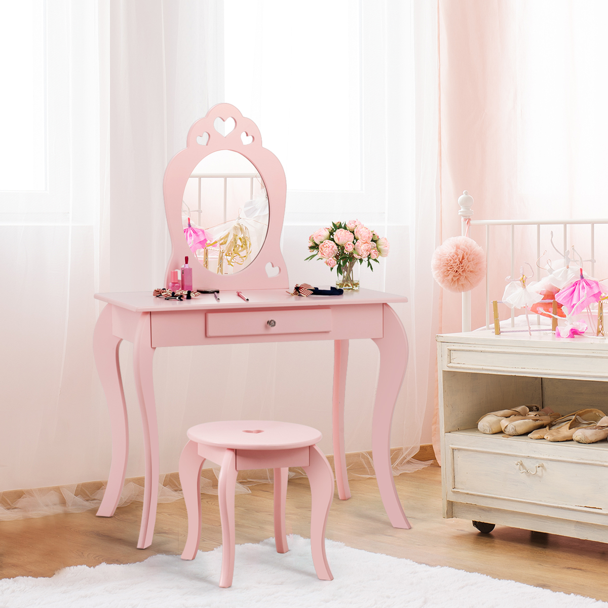 Kinder Schminktisch Frisiertisch Make-up Tisch mit Hocker und Spiegel Rosa