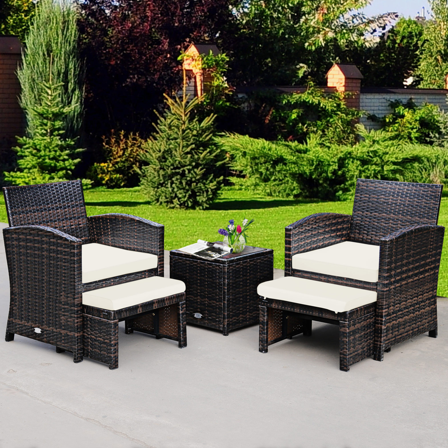 5er Set Rattan Set Möbel Balkonset Gartenmöbel Sitzgruppe Braun + Weiß