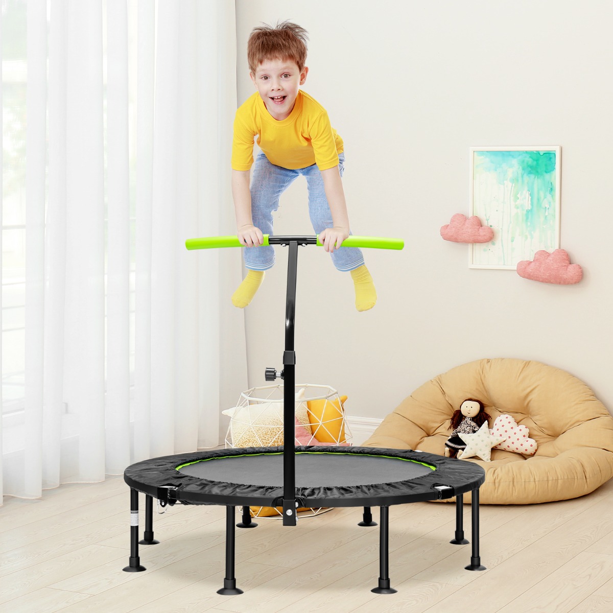 φ110cm Klappbares Mini Trampolin mit Höhenverstellbarem Griff Kindertrampolin Grün