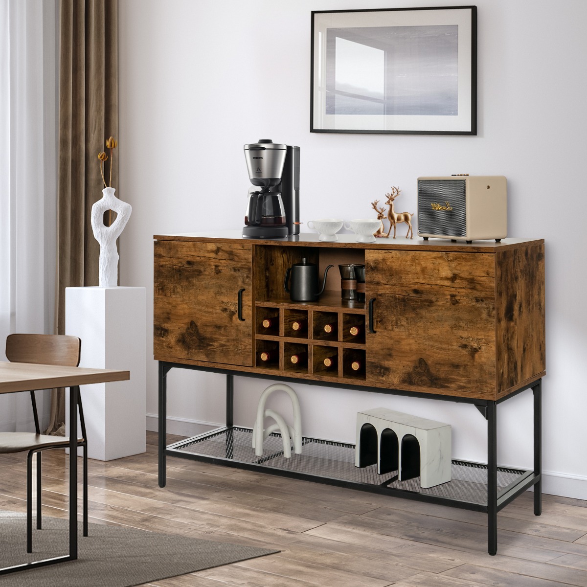 Sideboard aus Holz mit Weinregal & Türen Küchenschrank 120 x 40 x 85 cm Rustikales Braun