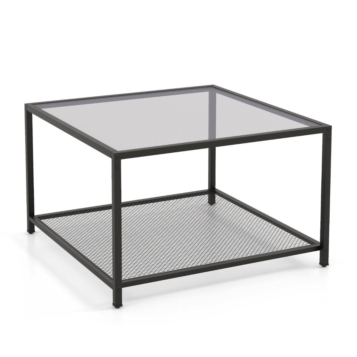 2 Ebenen Glastisch mit Stauraum & Netzregal Moderner quadratischer Kaffeetisch 70 x 70 x 45 cm Grau