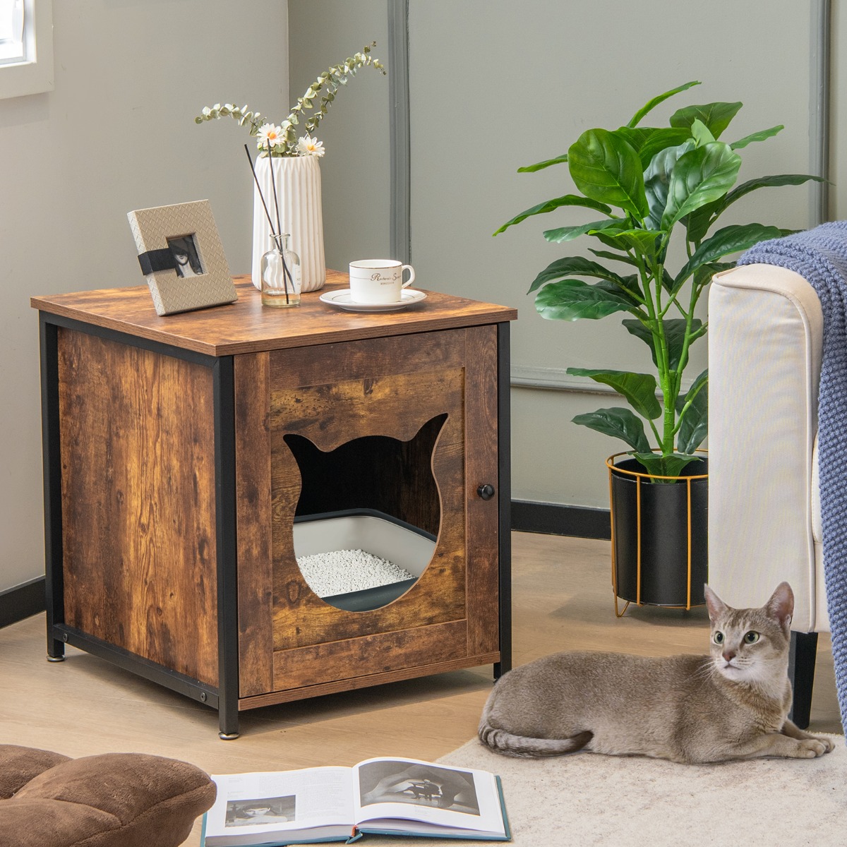 Katzenschrank aus Holz mit Tür & Eingang Katzenklo Schrank Katzentoilette 50 x 53 x 55 cm