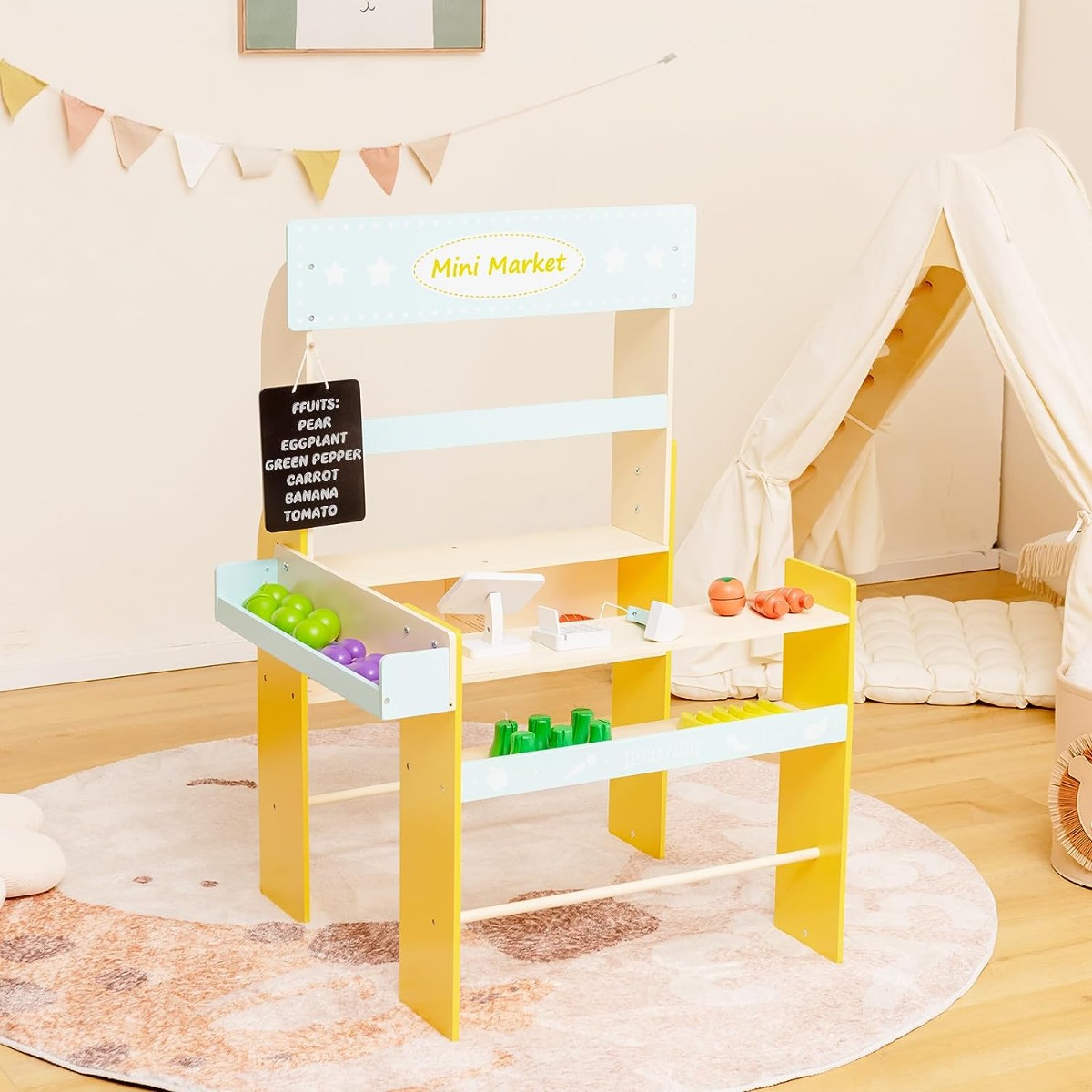 Kinder Kaufladen aus Holz mit Abnembare Tafel & POS-Maschine & Scanner & Marktspielzeugset