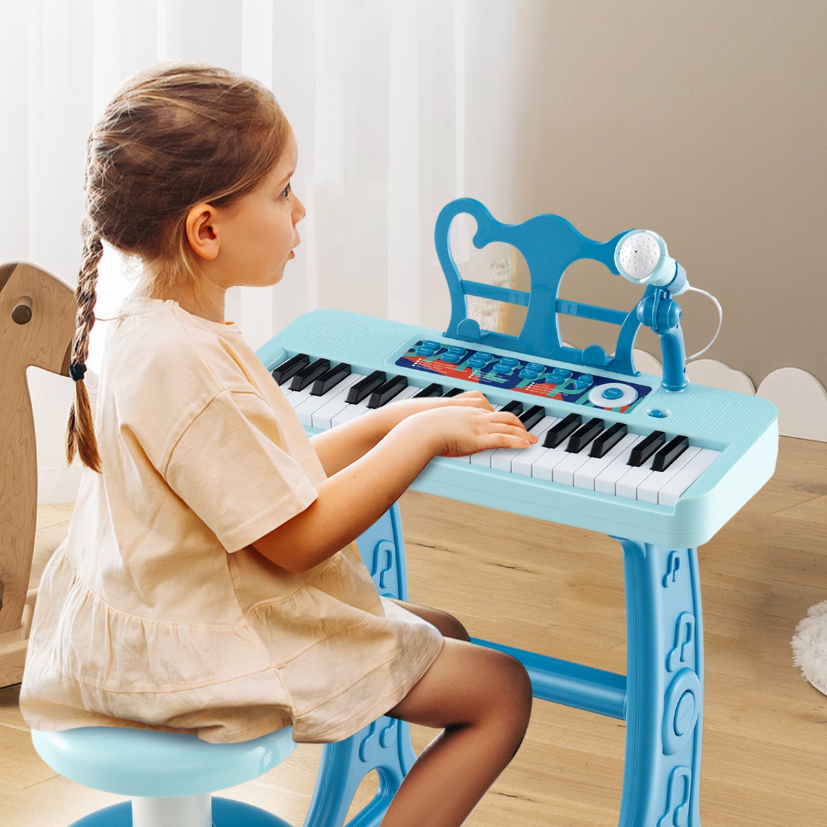 37 Tasten Kinder Keyboard Kinderklavier elektronisch mit Hocker Mikrofon & Notenständer Blau