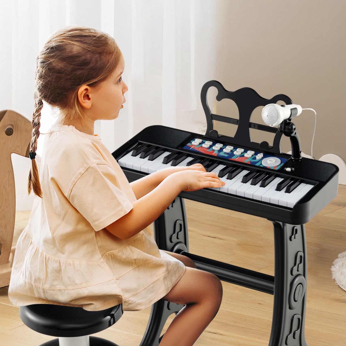 37 Tasten Kinder Keyboard Kinderklavier elektronisch mit Hocker Mikrofon & Notenständer Schwarz