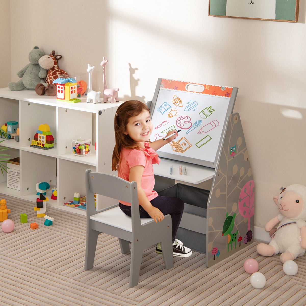 Doppelseitiges Kindertisch & Stuhl-Set mit Magnetischer Tafel & Whiteboard & Bücherregal Grau