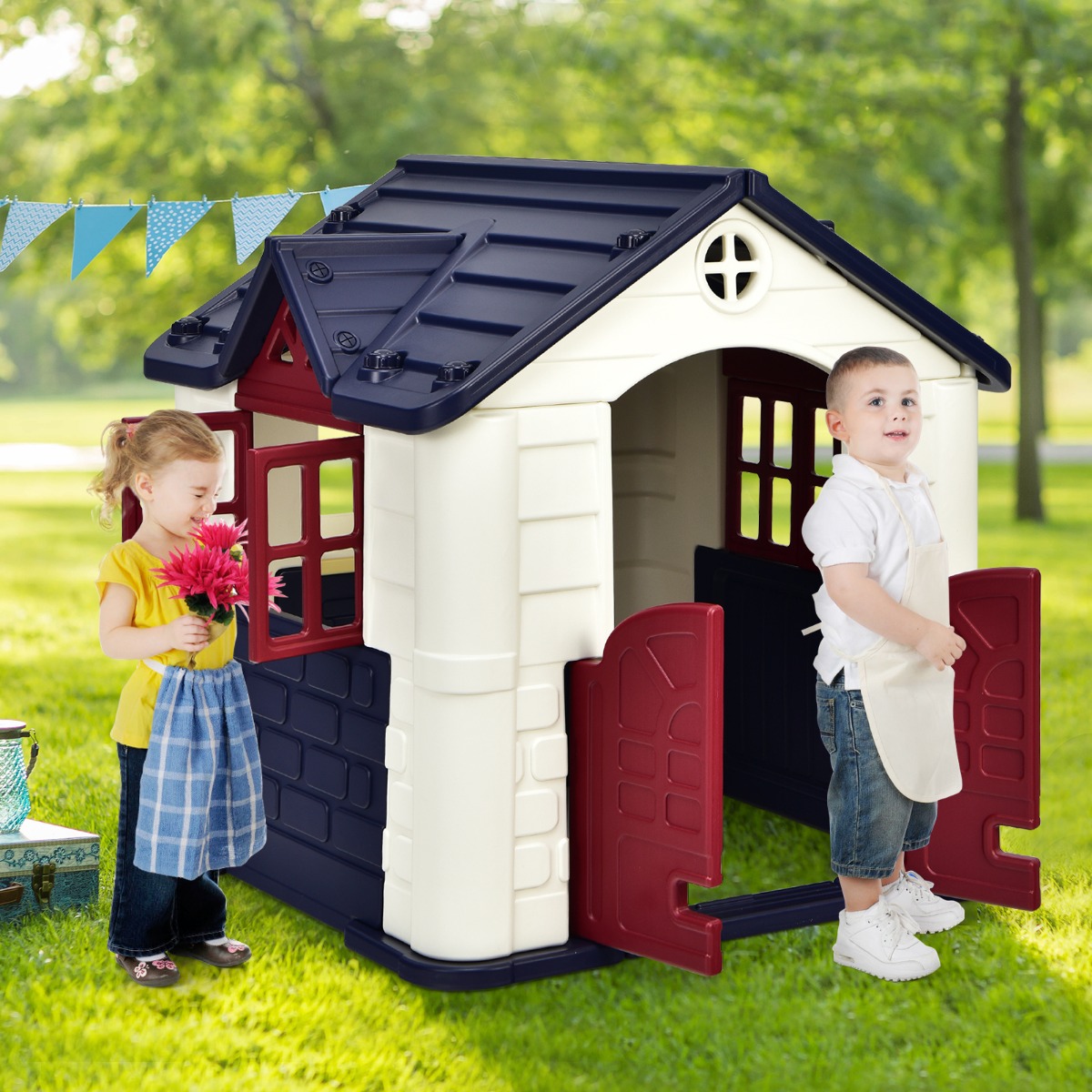 Kinder Spielhaus 164 x 124 x 132 cm Outdoor Kinderhäuschen mit Pickniktisch Blau