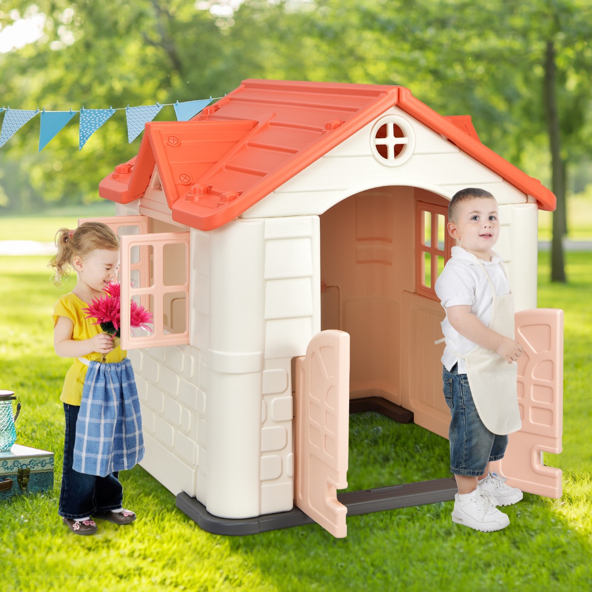 Kinder Spielhaus 164 x 124 x 132 cm Outdoor Kinderhäuschen mit Pickniktisch Rosa